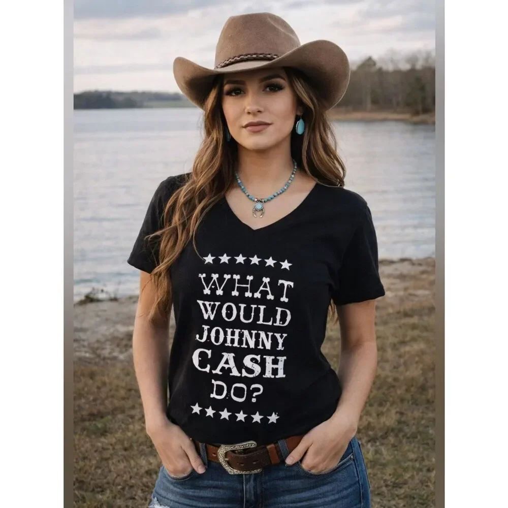 Cowgirl Justice “What Would Johnny Cash Do?” Black Graphic Tee with White Text